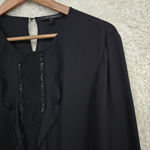 St John Blouse Womens 10 Black Silk Double Georgette Long Sleeve Luxury Preppy - Picture 3 of 13
